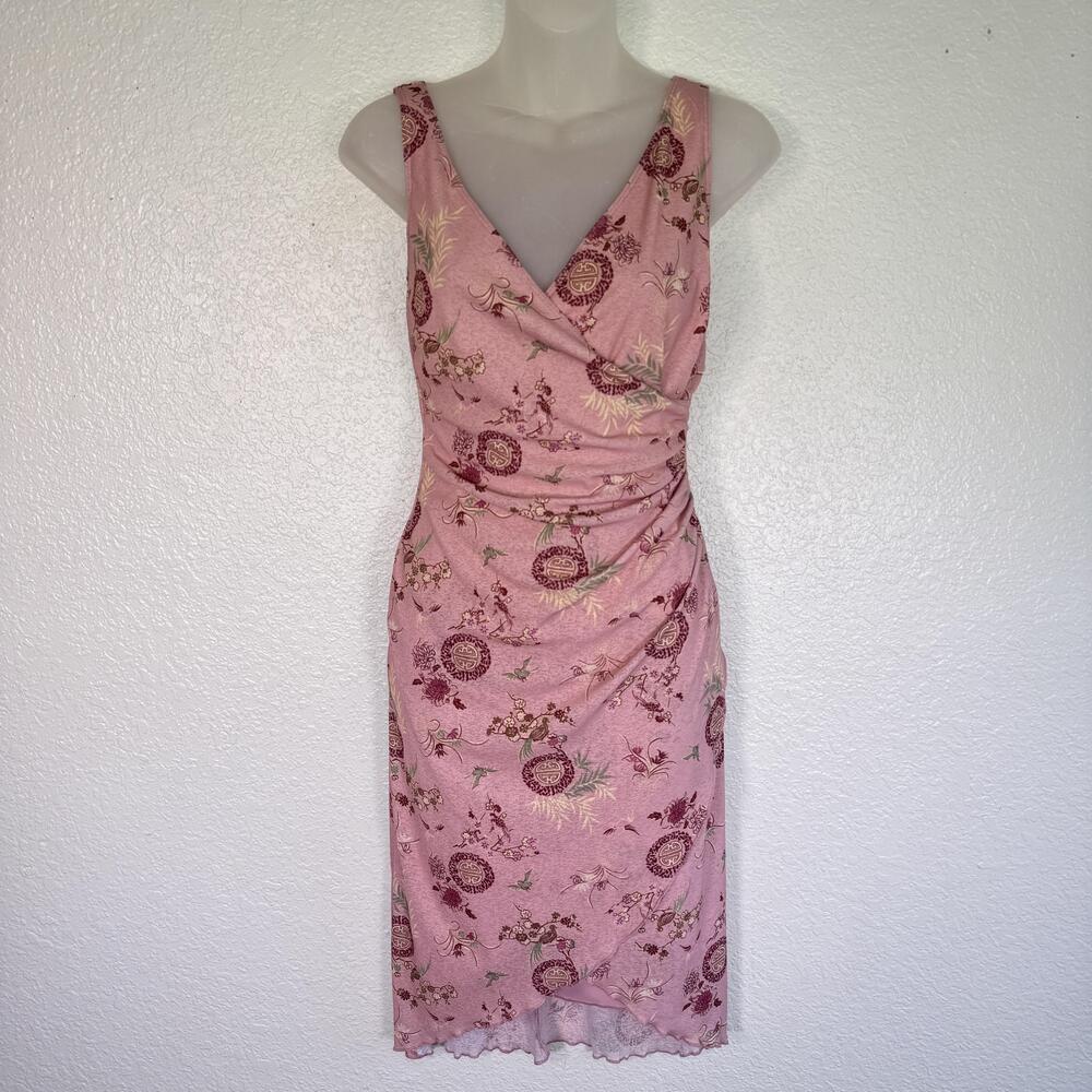 Vintage Y2K Dress Womens Small Chinese Shou Floral Ruched Sheath Hourglass 90s